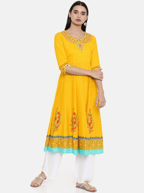 

Rangriti Women Yellow & Red Floral Embroidered A-Line Kurta