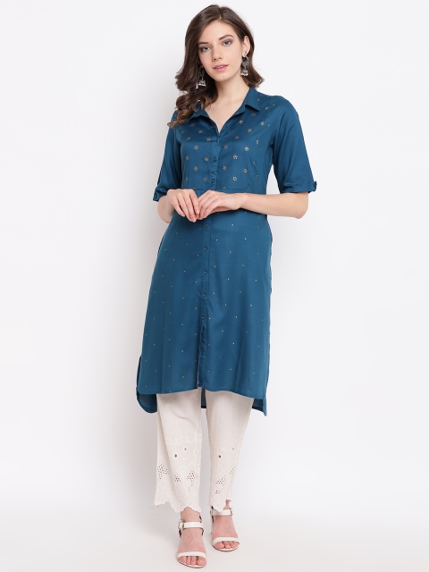 

Rangriti Women Teal Blue & Golden Printed Straight Kurta
