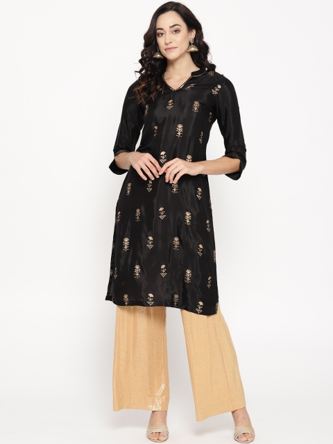 

Rangriti Women Black & Golden Floral Printed Straight Kurta
