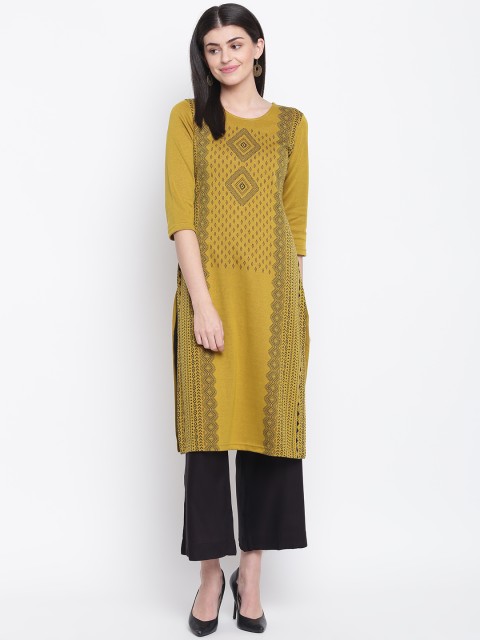 

Rangriti Women Olive Green & Black Woven Design Straight Winter Kurta