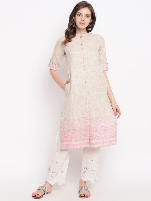 

Rangriti Women Beige & Pink Woven Design Straight Kurta