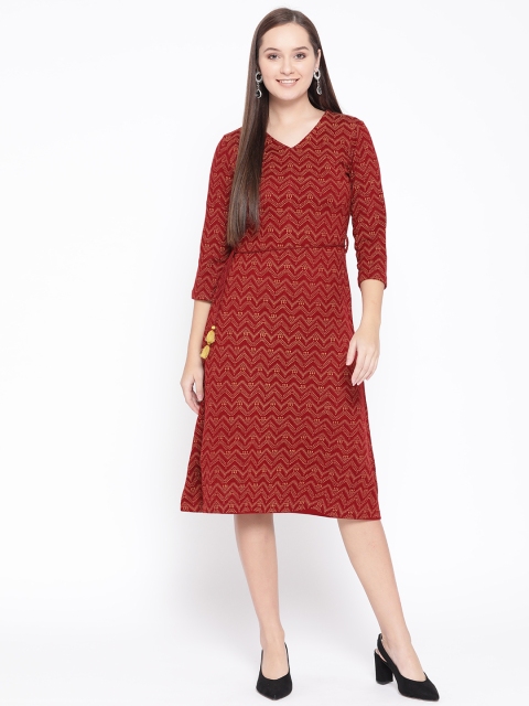 

Rangriti Women Maroon & Brown Printed A-Line Dress