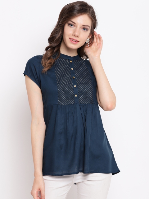 

Rangriti Women Navy Blue & Golden Yoke Design Shirt Style Top