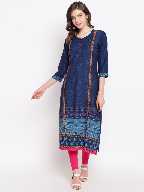

Rangriti Women Navy Blue Printed Straight Kurta