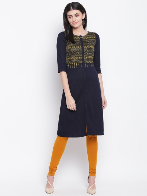 

Rangriti Women Navy Blue & Yellow Woven Design Straight Winter Kurta