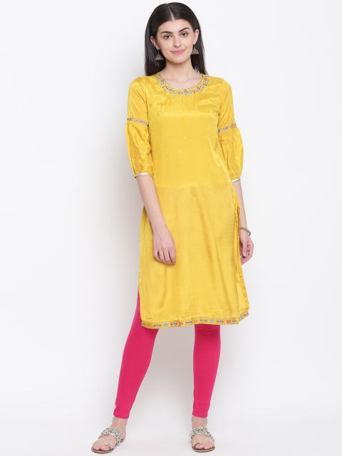 

Rangriti Women Yellow Embroidered Detail Straight Kurta