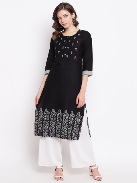 

Rangriti Women Black & White Floral Yoke Design Straight Kurta
