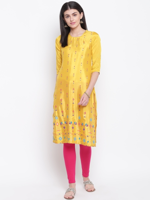 

Rangriti Women Yellow & Pink Satin Finish Printed Straight Kurta