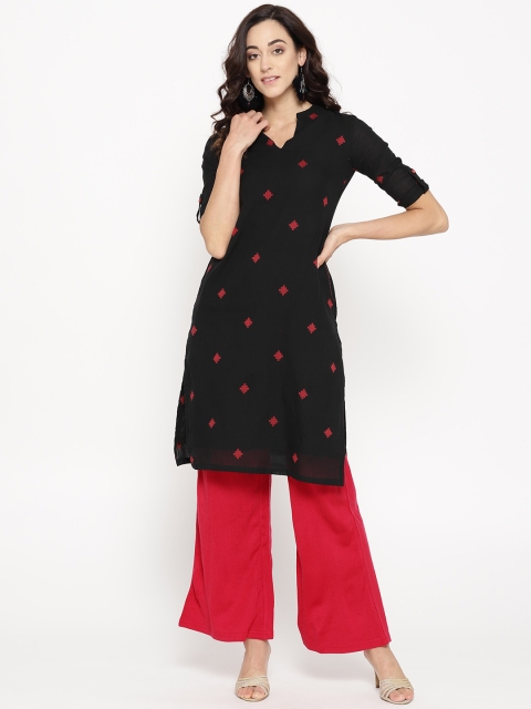 

Rangriti Women Black & Red Embroidered Pure Cotton Straight Kurta