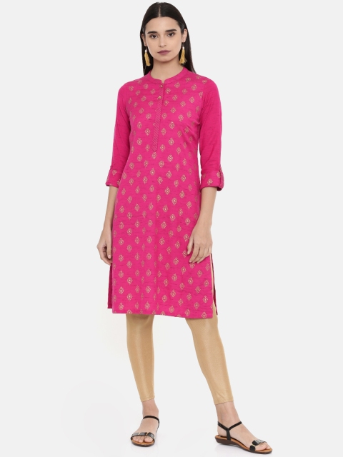 

Rangriti Women Pink & Golden Ethnic Motifs Print Straight Kurta