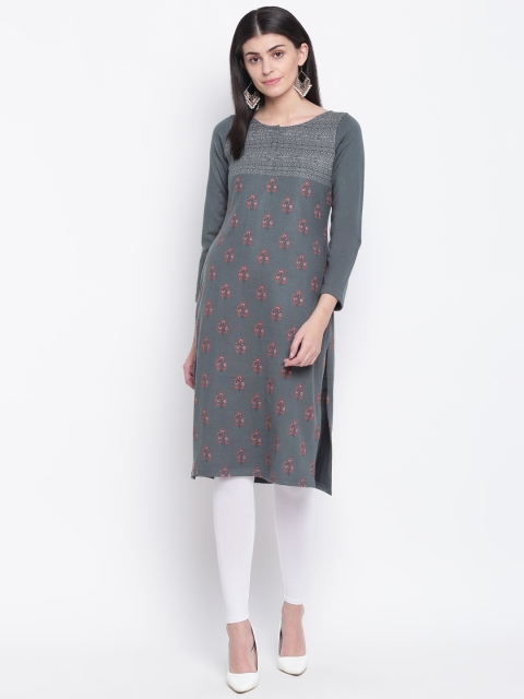 

Rangriti Women Grey & Orange Printed Straight Winter Kurta