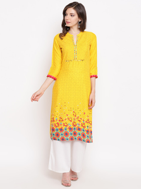 

Rangriti Women Yellow Printed Straight Kurta with Embroidered Yoke Design Detail