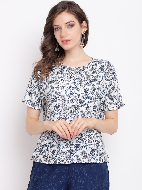 

Rangriti Women White & Blue Printed Styled Back Top