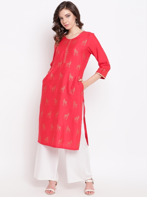 

Rangriti Women Red & Golden Dear Printed Straight Kurta