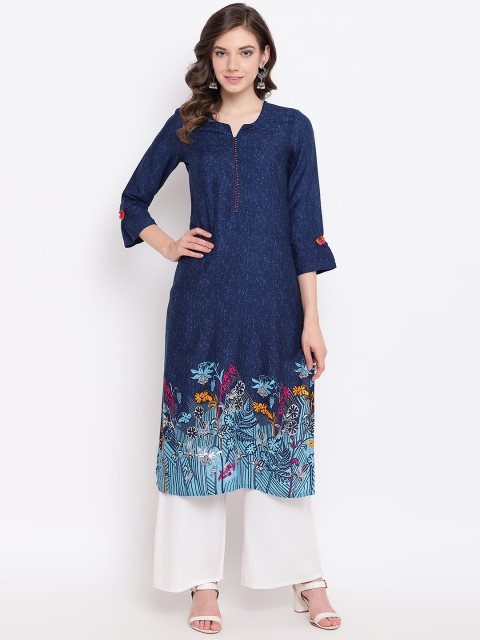

Rangriti Women Navy Blue Printed Straight Kurta