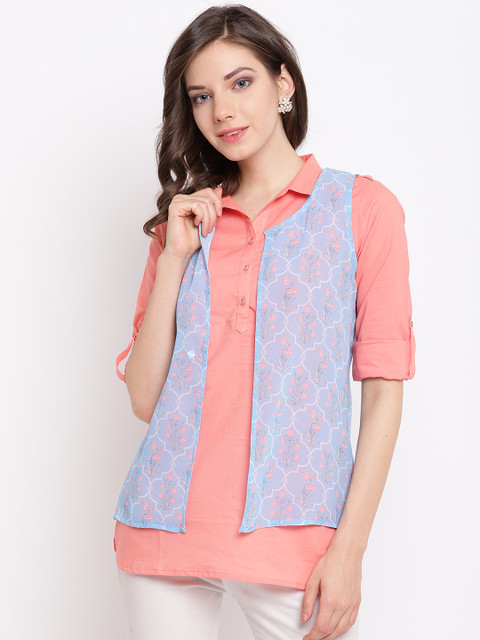 

Rangriti Women Peach-Coloured Solid Layered Shirt Style Top
