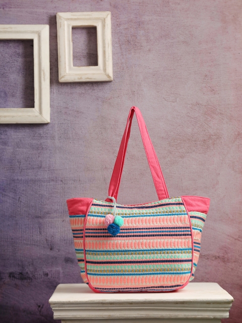 

ALII AND ALIIZEY Pink & Blue Jacquard Tote Bag with Pom-Pom Detail