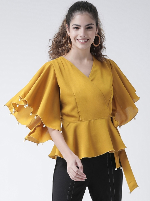 

Texco Women Mustard Yellow Embellished Wrap Top