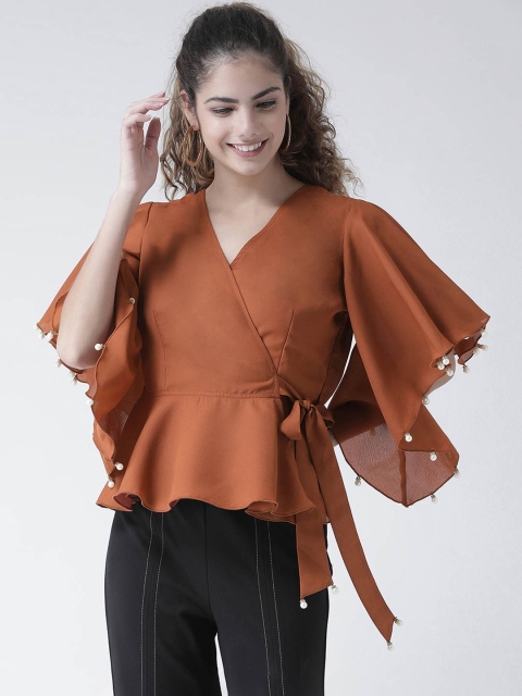

Texco Women Rust Brown Embellished Wrap Top