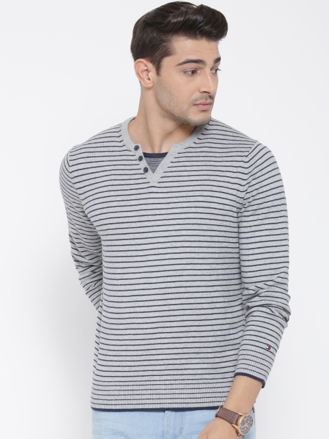 

Tommy Hilfiger Men Grey Melange & Navy Striped Sweater