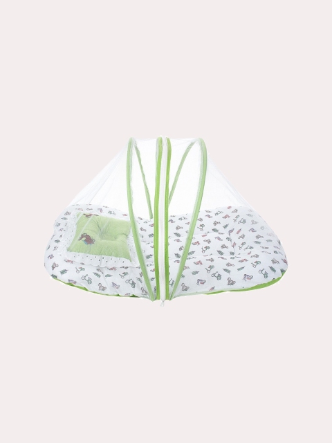 

Superminis Kids Green & White Printed Cotton Bedding With Mosquito Net