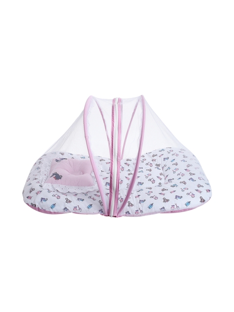 

Superminis Kids Pink & White Printed Cotton Bedding With Mosquito Net