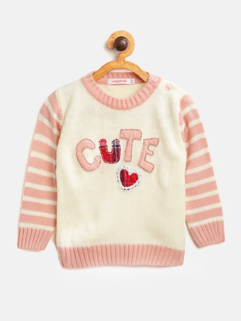 

Wingsfield Girls Cream-Coloured & Peach-Coloured Applique Detail Sweater