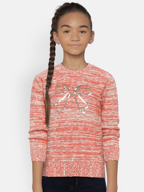 

Wingsfield Girls Coral Pink & Off-White Self Design Sequinned Pullover