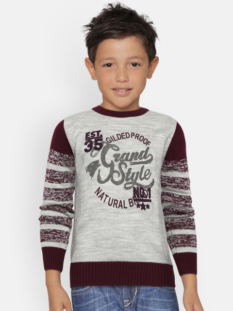 

Wingsfield Boys Grey Melange & Burgundy Printed Sweater