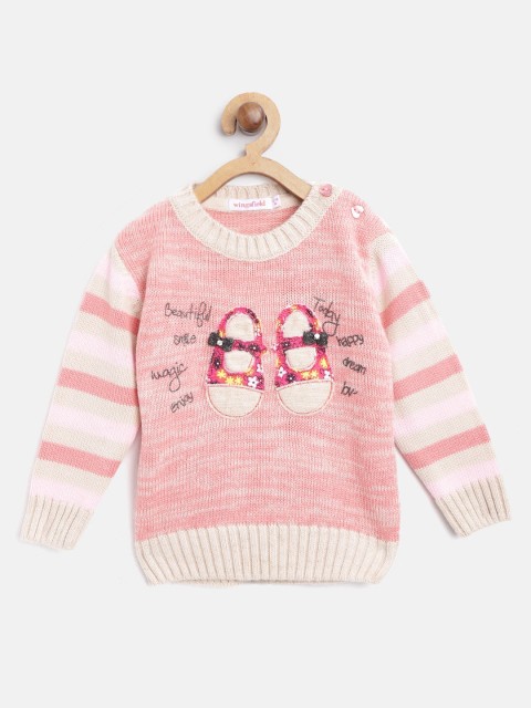 

Wingsfield Girls Coral Pink & Beige Self-Design Sweater