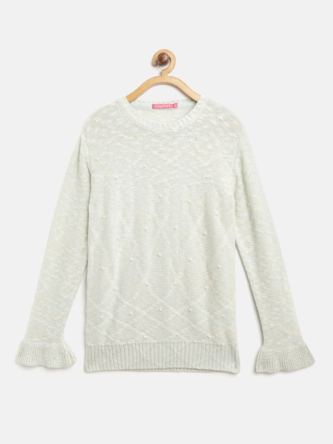 

Wingsfield Girls Sea Green & Off-White Self-Design Beaded Sweater