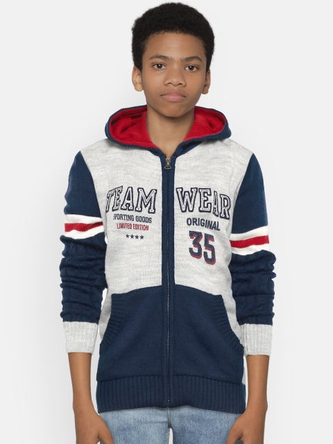 

Wingsfield Boys Grey Melange & Navy Blue Hooded Applique Cardigan