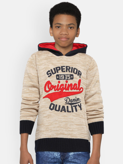 

Wingsfield Boys Beige & Navy Blue Printed Hooded Sweater