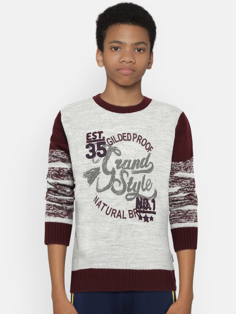 

Wingsfield Boys Grey Melange & Burgundy Printed Pullover