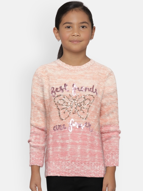 

Wingsfield Girls Peach-Coloured & Off-White Self Design Sweater