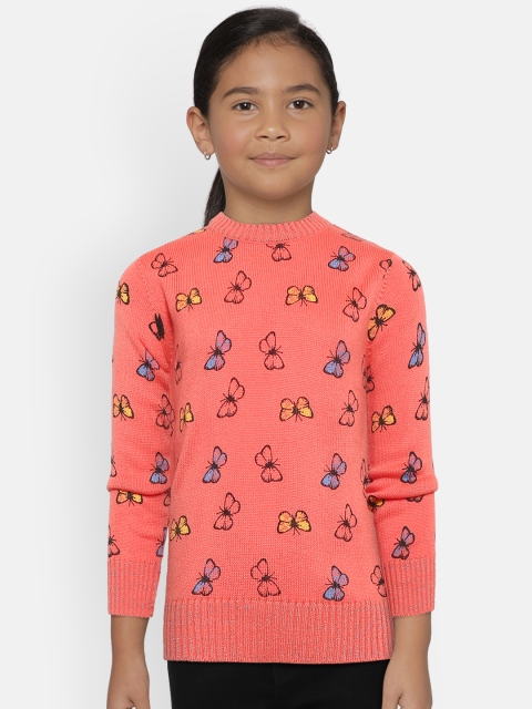 

Wingsfield Girls Coral Pink & Blue Printed Sweater
