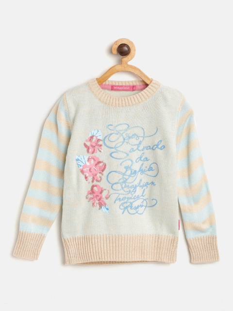 

Wingsfield Girls Blue & Peach-Coloured Embroidered Sweater