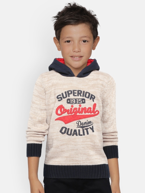 

Wingsfield Boys Beige & Navy Printed Hooded Sweater