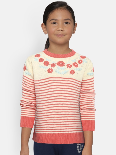 

Wingsfield Girls Cream-Coloured & Coral Orange Striped Sweater