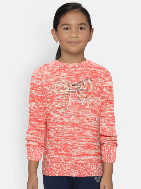 

Wingsfield Girls Coral Red & White Self Design Sweater