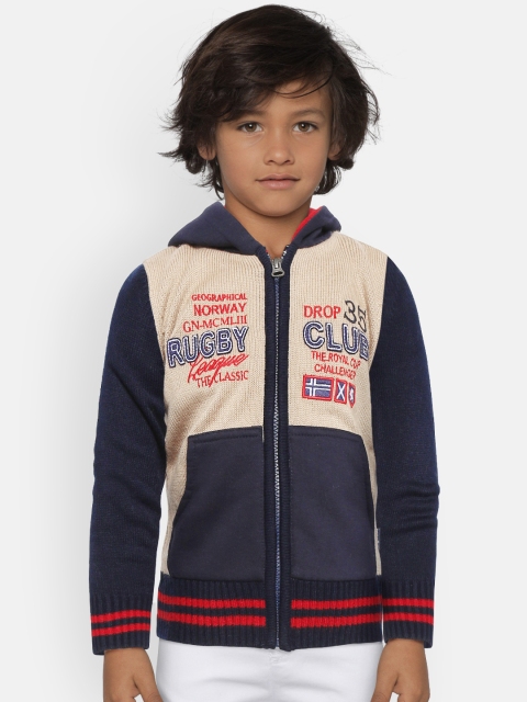 

Wingsfield Boys Beige & Navy Blue Hooded Colourblocked Cardigan