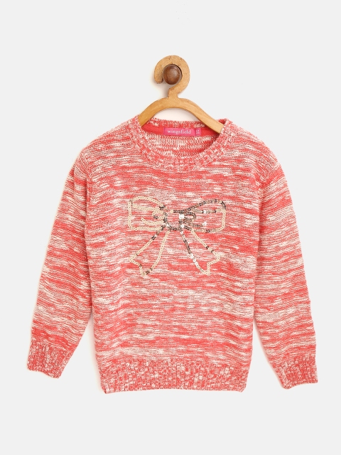 

Wingsfield Girls Coral Orange & White Self Design Sweater with Sequinned Detail