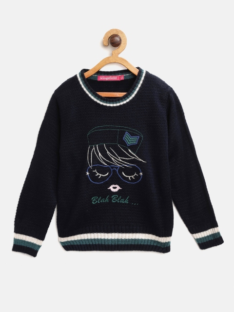 

Wingsfield Girls Navy Blue Embroidered Sweater