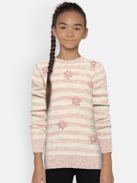 

Wingsfield Girls Peach-Coloured & Off-White Striped Sweater with Embroidered Detail