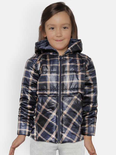 

Wingsfield Girls Navy Blue & Beige Hooded Checked Padded Jacket