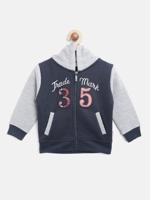 

Wingsfield Boys Navy Blue & Grey Melange Embroidered Hooded Front-Open Sweatshirt
