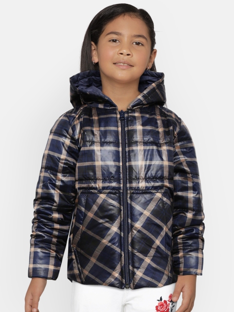 

Wingsfield Girls Navy Blue & Beige Hooded Checked Padded Jacket