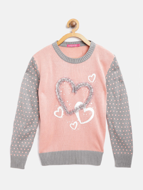 

Wingsfield Girls Peach-Coloured & Grey Printed Sweater