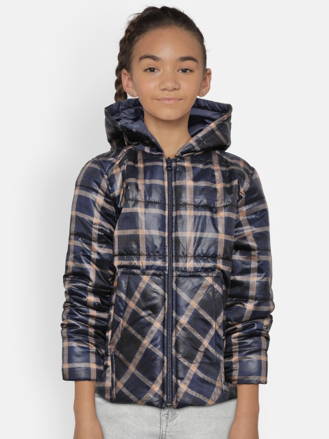 

Wingsfield Girls Navy Blue & Beige Hooded Checked Padded Jacket