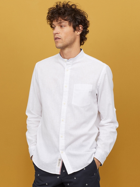 

H&M Men White Solid Linen-Blend Shirt Regular Fit